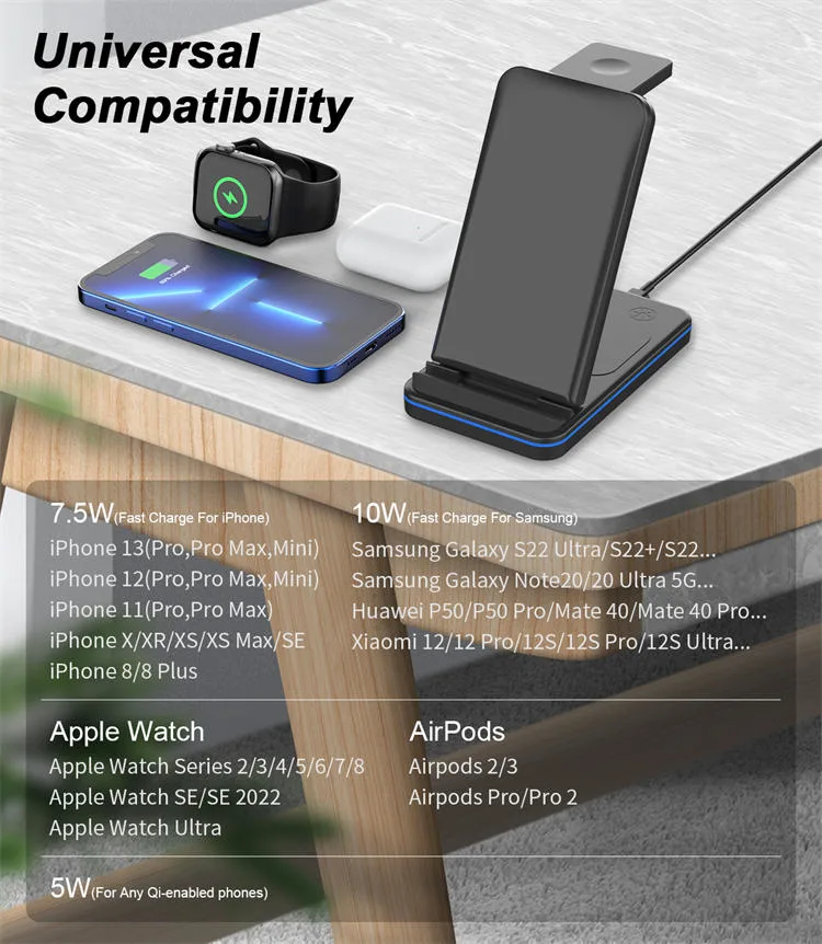 2023 Popular 15W Fast Charging Foldable 3 in 1 Wireless Charger for iPhone iWatch Airpods