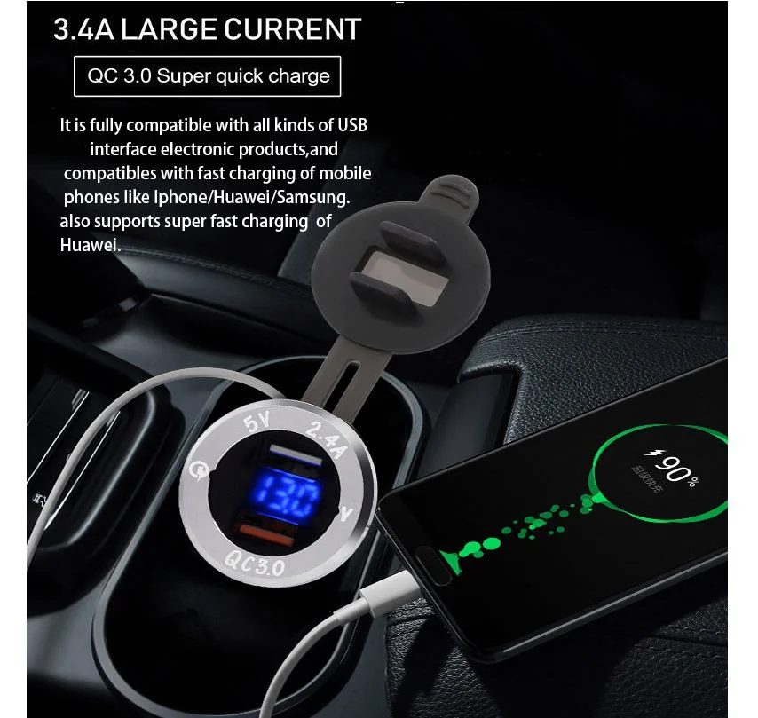 Car USB Charger for Phone, QC3.0 Double Output