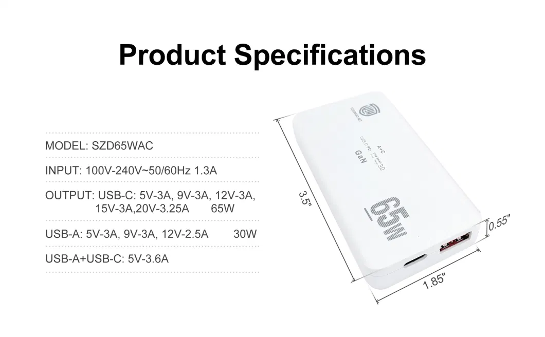 The Latest Smart Black Technology Qi Pd3.0 Fcp SCP PPS PE 2.0 GaN 65W Fast Charger