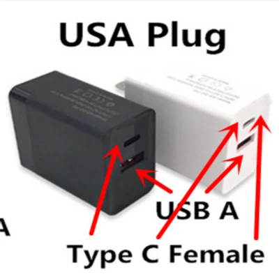 Personalize seu logotipo 2.4A USB a + Tipo C Porta Dock Us EU Plug 2 Prongs QC 3.0 Adaptador de energia Carregador de parede
